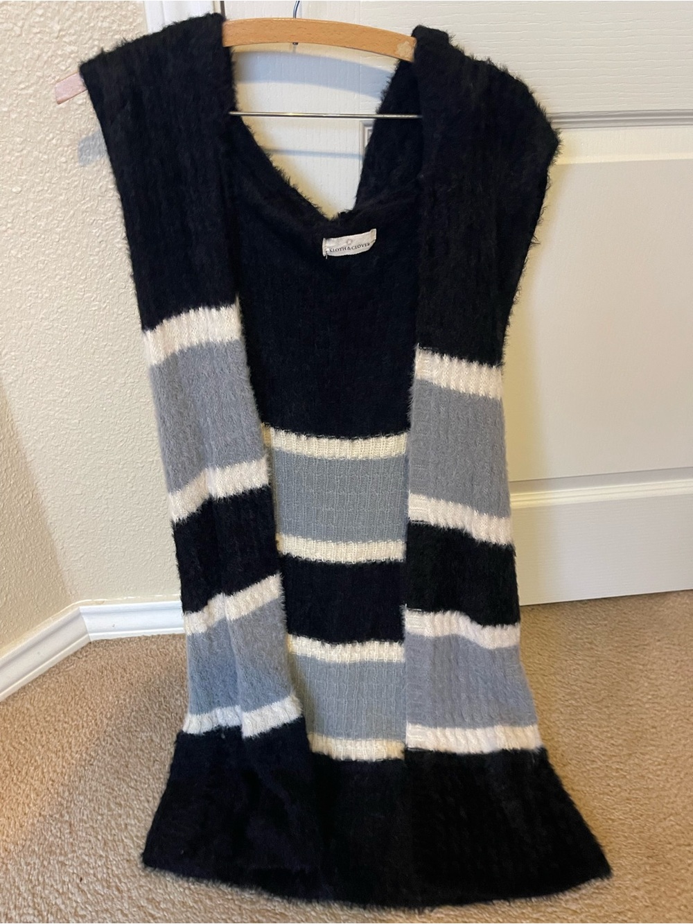 Striped Knit Hooded Sweater Vest - Black, Gray & White